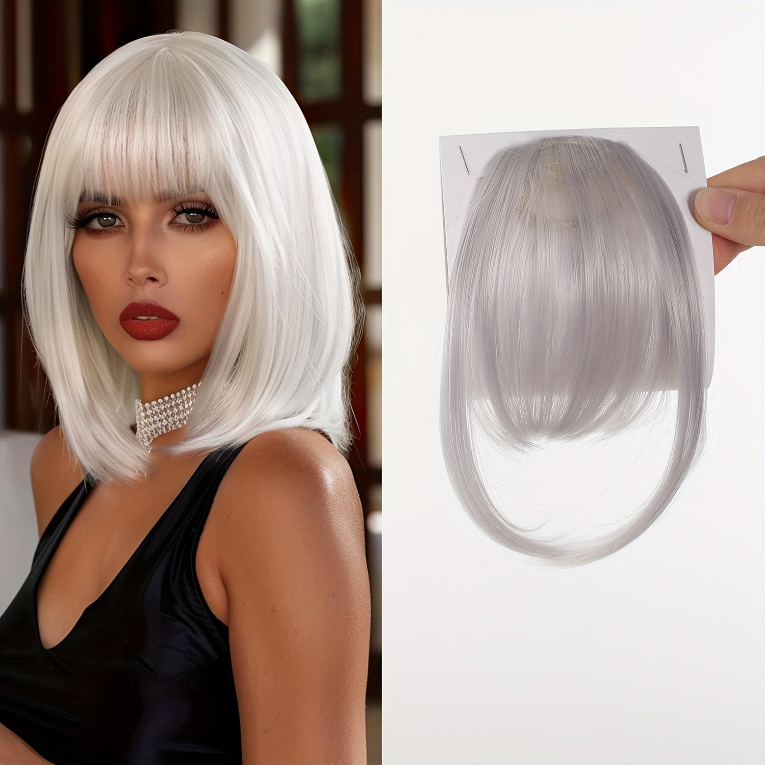 Women's Straight Synthetic Clip-In Hair Bangs Extension, Natural-Looking Air Fringe Hairpiece, Invisible Clip Hair Accessories for All - 7.5g Basics Style