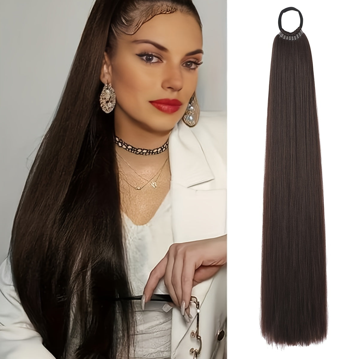 26-Inch Long Straight Ponytail Extension with Braided Boxing Ties And Rubber Bands for DIY.