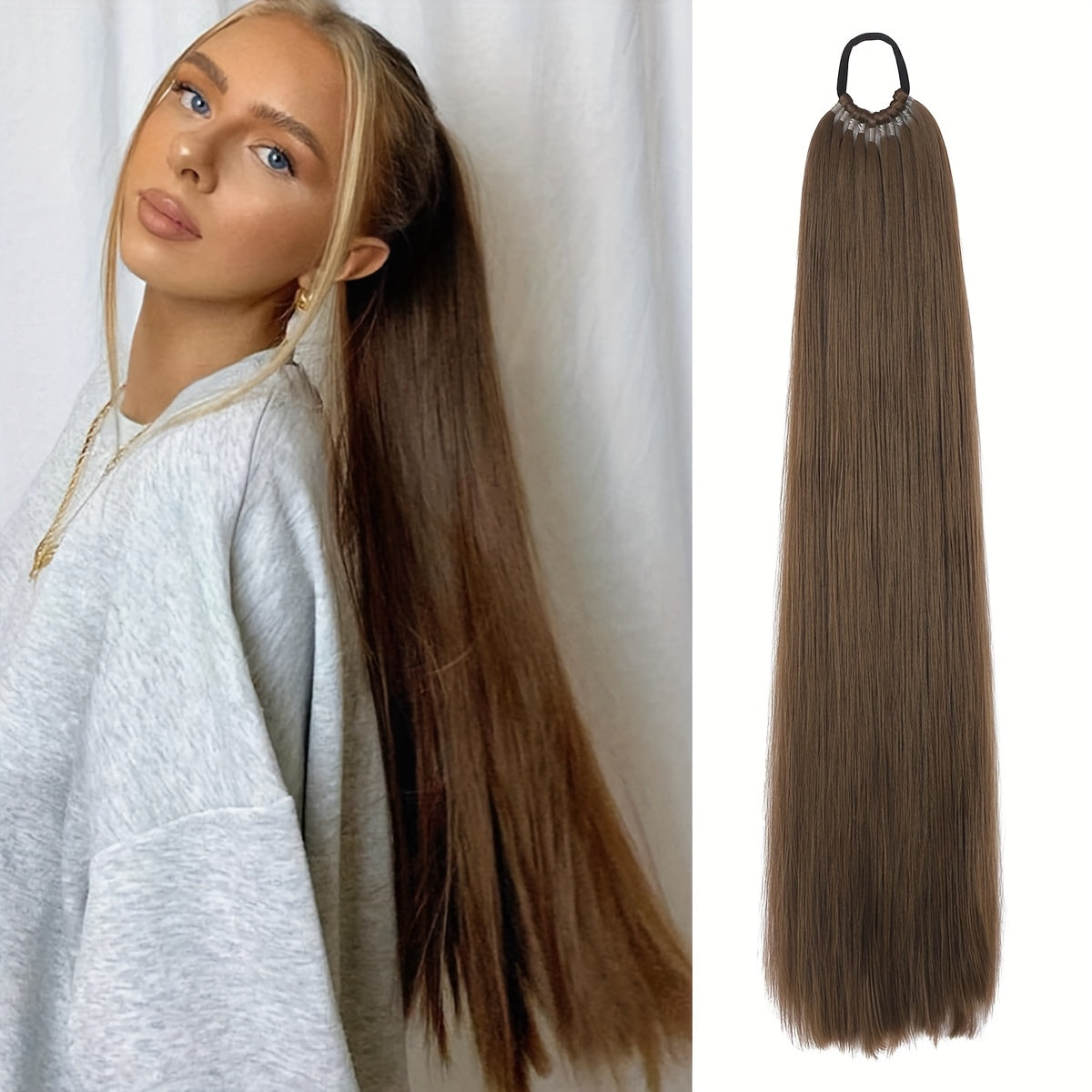 26-Inch Long Straight Ponytail Extension with Braided Boxing Ties And Rubber Bands for DIY.