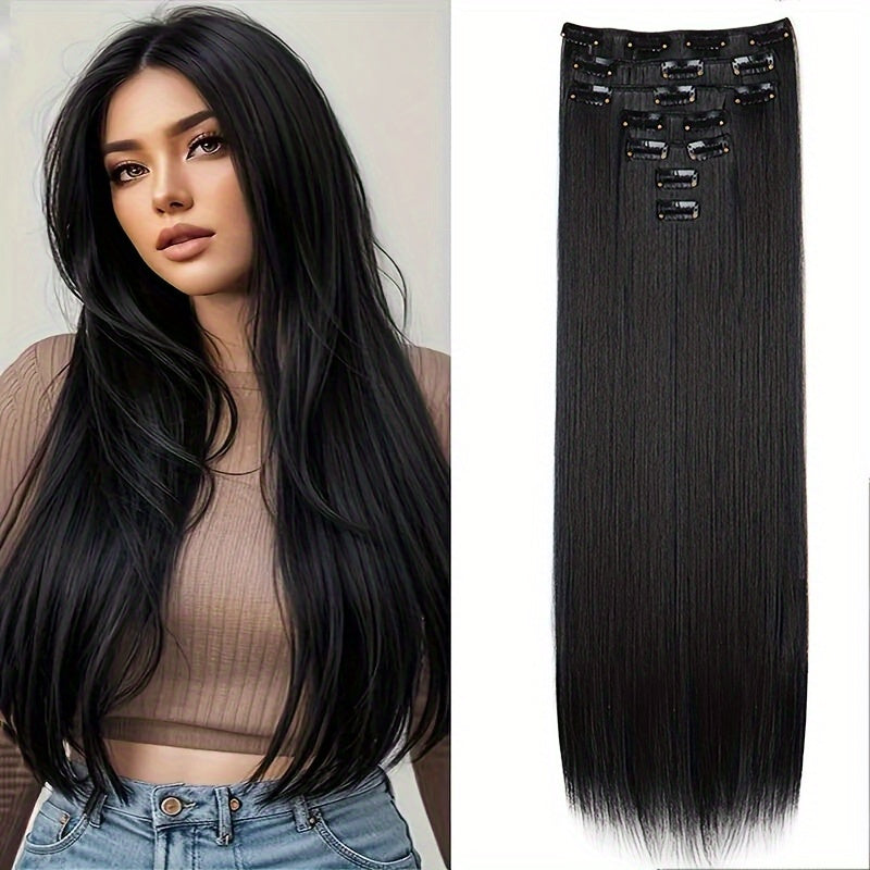24-Inch 7pcs Set 16 Clip-In Women's Straight Hair Extensions Set Natural Gloss Heat-Resistant Synthetic Fiber Glamorous Style Suitable for All Users Increase Hair Volume Holiday Hot New Style New Color