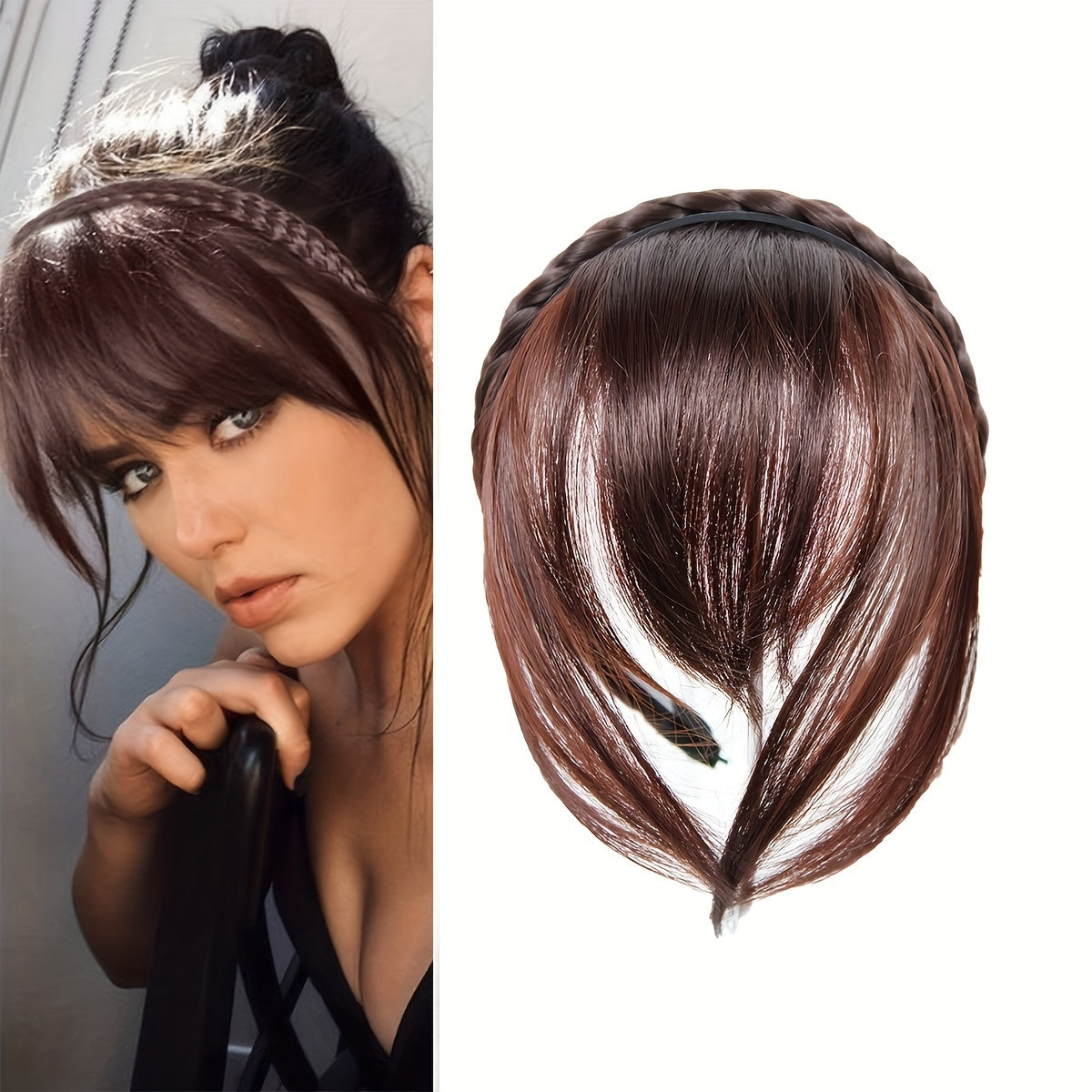 Elegant Twist Braid Headband with Short Straight Synthetic Hair Bangs - High-Temperature Fiber, Versatile Hairstyle Accessory for Women, Easy to Wear, Perfect for Adding Volume and Style, Hair Accessories