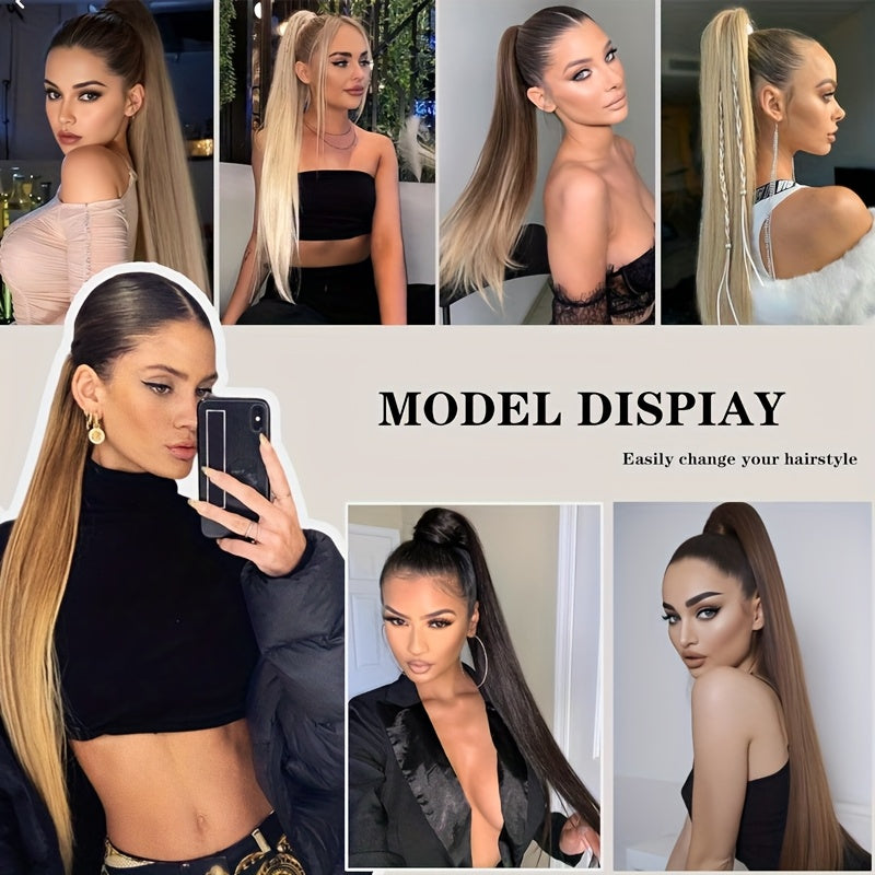 55.88cm Long Straight Synthetic Clip-In Ponytail Extension for Women - Soft Rubber Band, Natural Look, Easy to Style, Perfect for Everyday or Special Occasions, Ponytail Hair Extensions