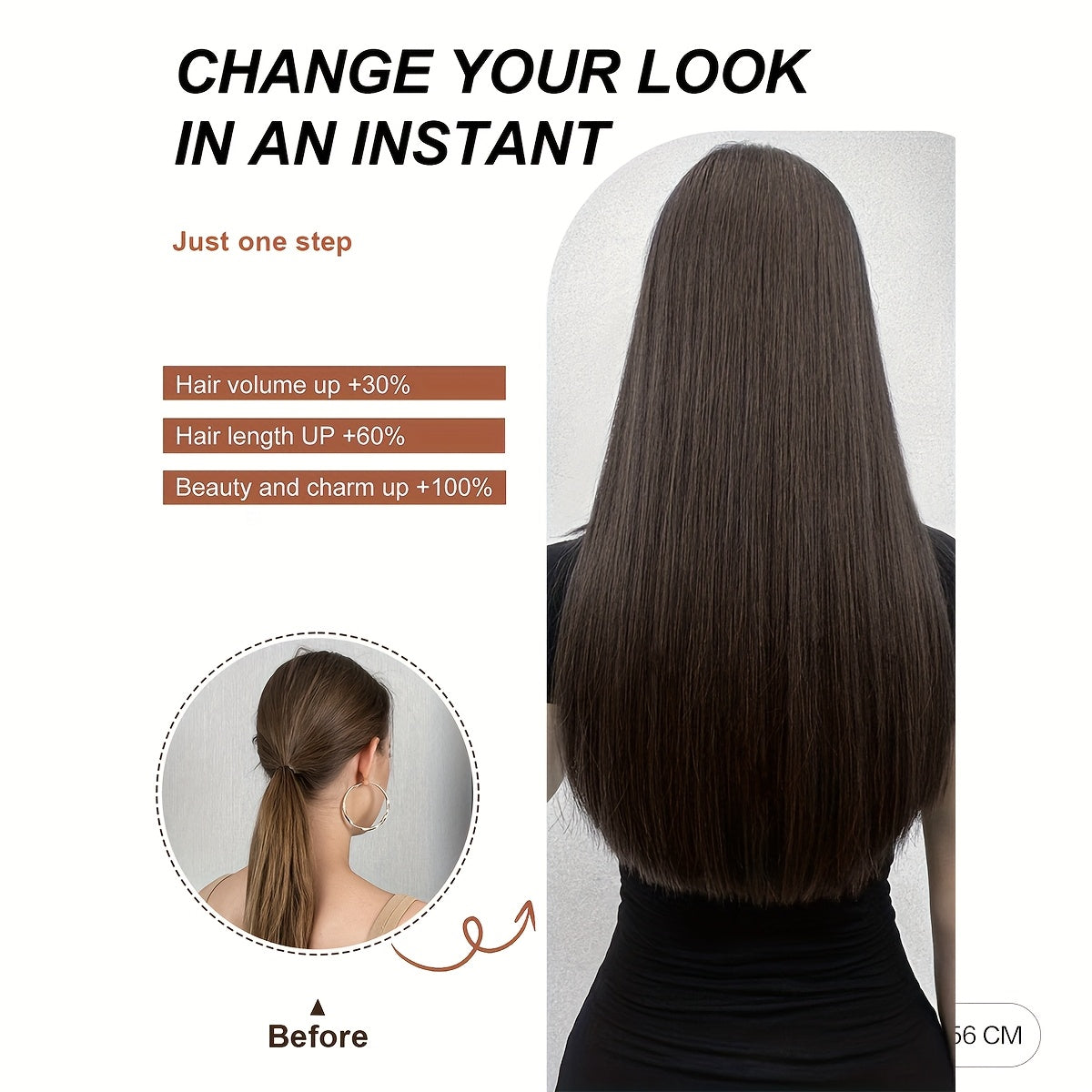 Clip-in Hair Extensions V-shaped Brown 60.96 cm Long Straight Hair Heat Resistant Fiber Synthetic Hairpiece for Women Girls Party Daily Use