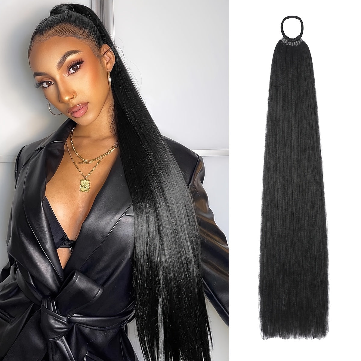 26-Inch Long Straight Ponytail Extension with Braided Boxing Ties And Rubber Bands for DIY.