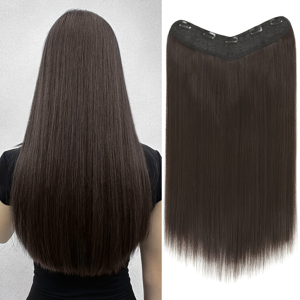 Clip-in Hair Extensions V-shaped Brown 60.96 cm Long Straight Hair Heat Resistant Fiber Synthetic Hairpiece for Women Girls Party Daily Use