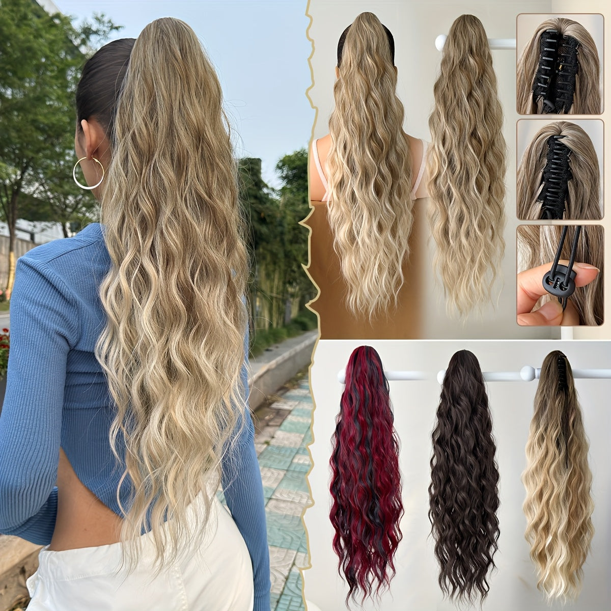[Deep Wave Ponytail Extensions] 26" Black Deep Wave Synthetic Ponytail Extensions for Women | Adjustable Drawstring, Secure Clip-On, Natural Look, Fit All Hair Types & Ethnicities, Quick Hairstyle Solution