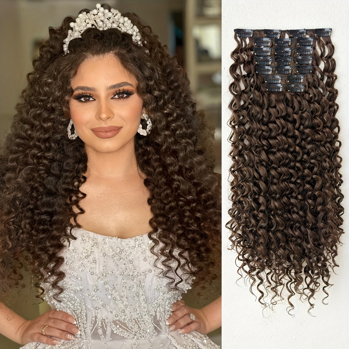 7pcs hair clip with Ombre color 45.72 cm Kinky Curly heat-resistant fiber synthetic hair piece, suitable for Women's daily use
