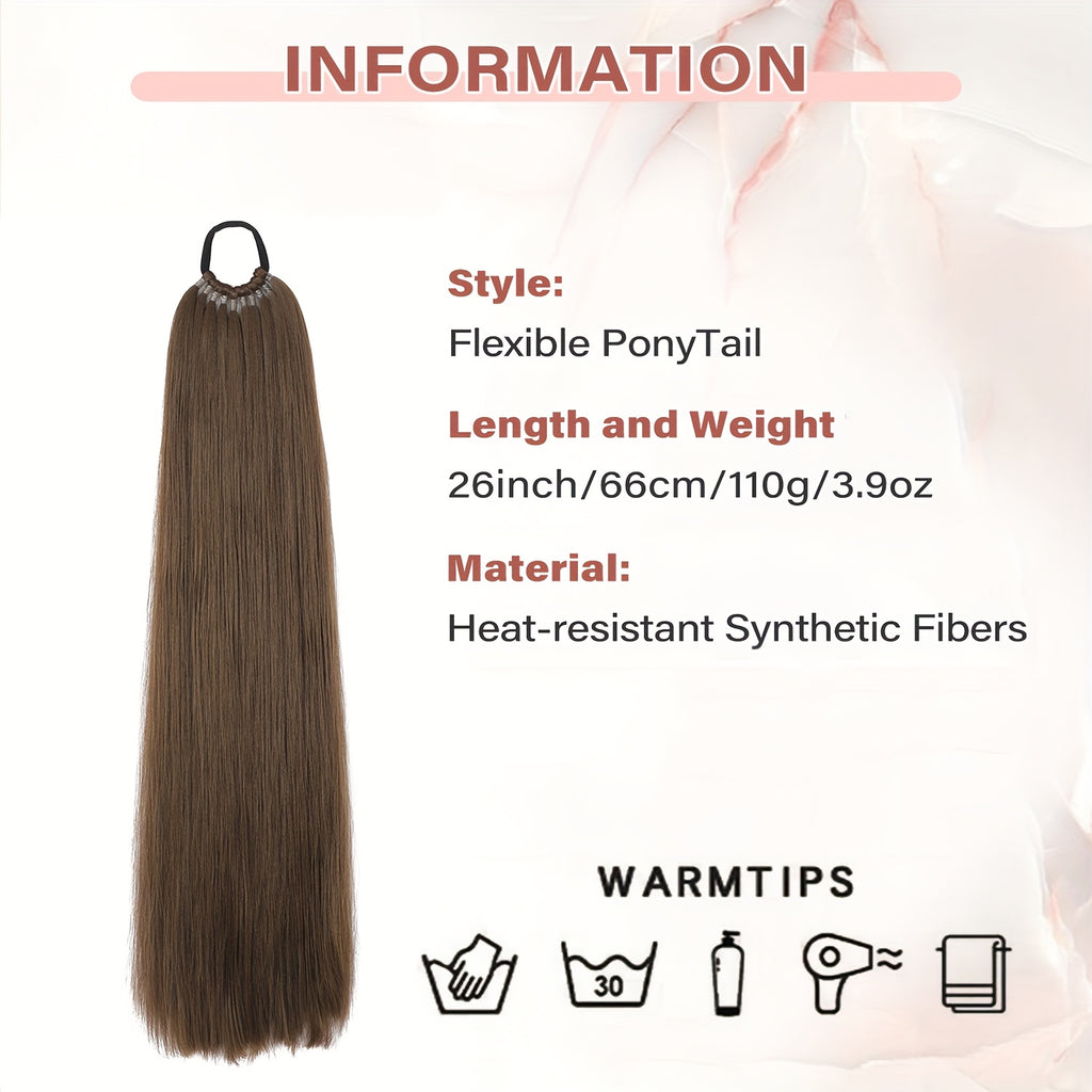 26-Inch Long Straight Ponytail Extension with Braided Boxing Ties And Rubber Bands for DIY.