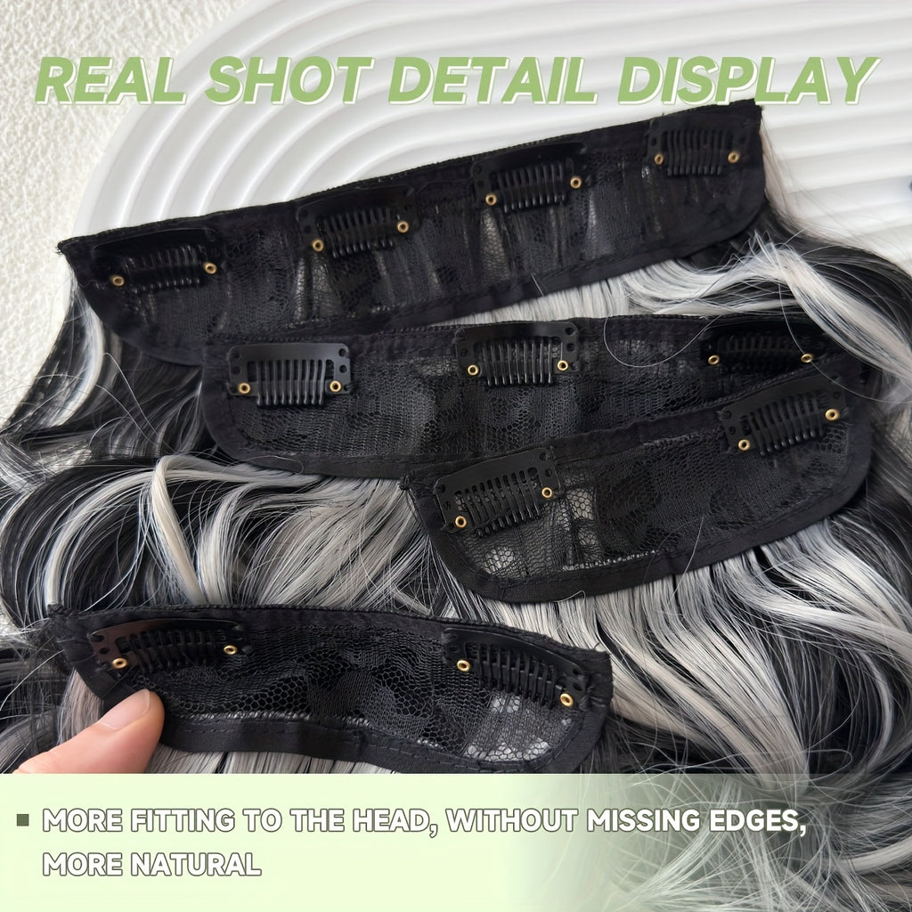 22 Inch Long Wavy Heat-Resistant Fiber Synthetic Hair Patch in Black and White, Suitable for Women'S Daily Use
