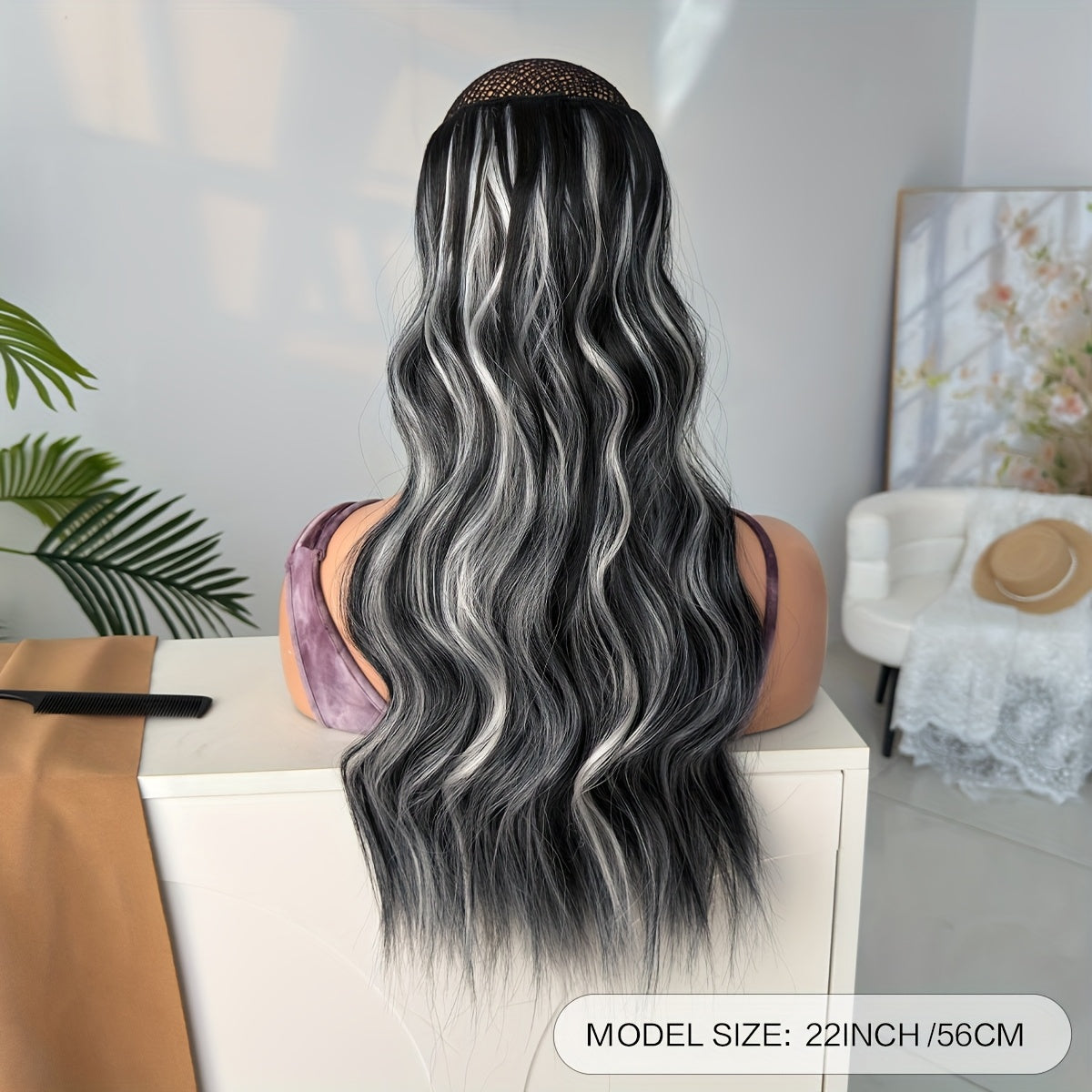 22 Inch Long Wavy Heat-Resistant Fiber Synthetic Hair Patch in Black and White, Suitable for Women'S Daily Use