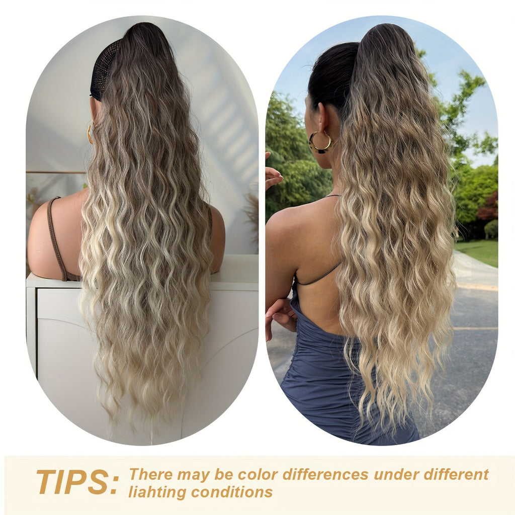 Ombre Colored Claw-Shaped Ponytail Extension Hair Accessory - 26 Inch Water Wave Heat-Resistant Synthetic Ponytail Wig for Women, Dark Brown to Blonde Gradient, Perfect for Daily Use, Ponytail Wigs, Hair Styling, Versatile Hairpiece, Heatresistant Fiber