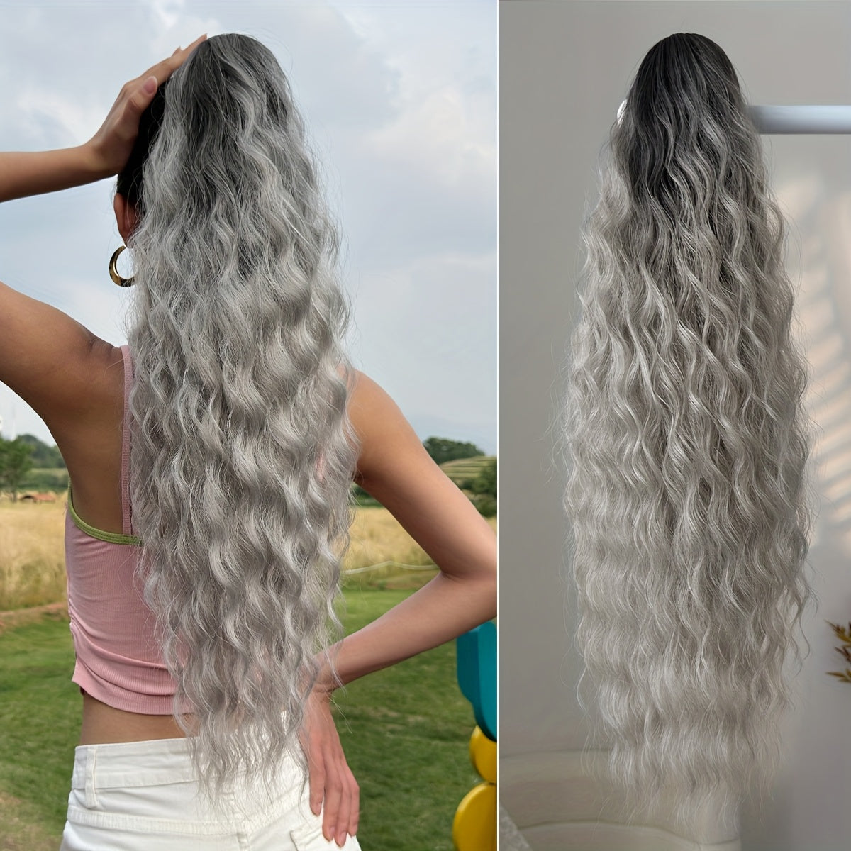 Ombre Colored Claw-Shaped Ponytail Extension Hair Accessory - 26 Inch Water Wave Heat-Resistant Synthetic Ponytail Wig for Women, Dark Brown to Blonde Gradient, Perfect for Daily Use, Ponytail Wigs, Hair Styling, Versatile Hairpiece, Heatresistant Fiber