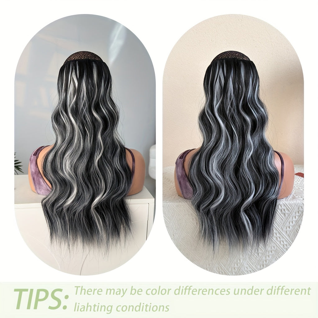 22 Inch Long Wavy Heat-Resistant Fiber Synthetic Hair Patch in Black and White, Suitable for Women'S Daily Use