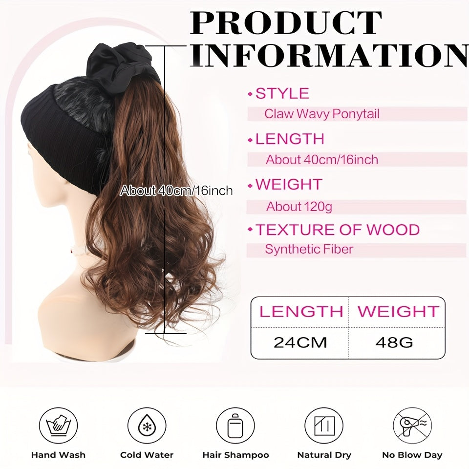 16 Inch Elegant Black Wavy Claw Clip Ponytail Hair Extensions for Women - High-Temperature Fiber, Synthetic Ponytail with Black Headband, Perfect for Weddings & Formal Event