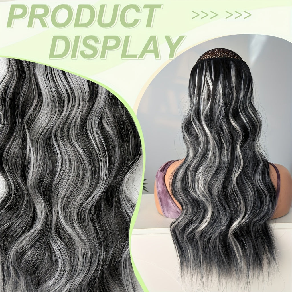 22 Inch Long Wavy Heat-Resistant Fiber Synthetic Hair Patch in Black and White, Suitable for Women'S Daily Use