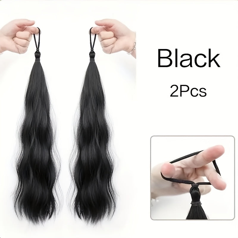 2pcs Set of Synthetic Hair - Long Wavy Braided Ponytail Band with Elastic Rubber Band, Straight Style, Women'S Elastic Hair Loop, Suitable for Various Hairstyles, Wigs