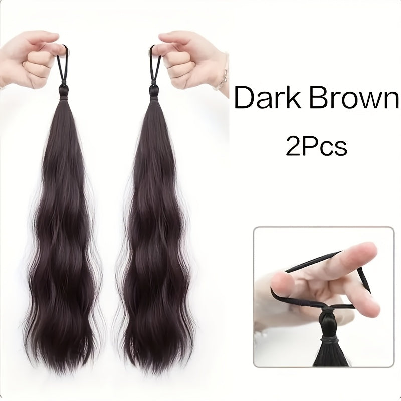 2pcs Set of Synthetic Hair - Long Wavy Braided Ponytail Band with Elastic Rubber Band, Straight Style, Women'S Elastic Hair Loop, Suitable for Various Hairstyles, Wigs