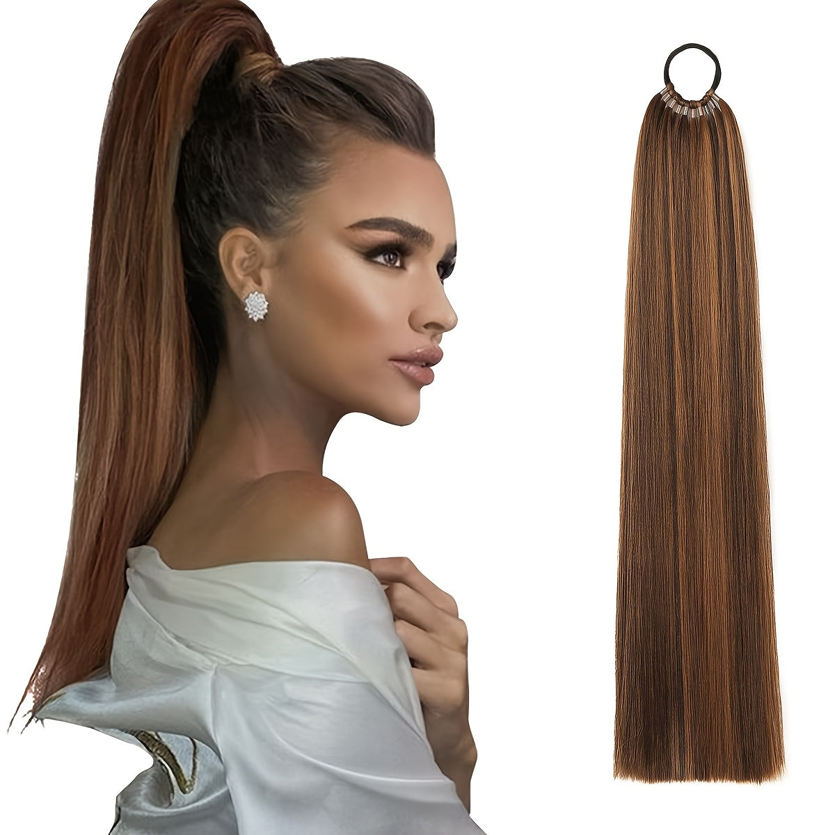 26-Inch Long Straight Ponytail Extension with Braided Boxing Ties And Rubber Bands for DIY.