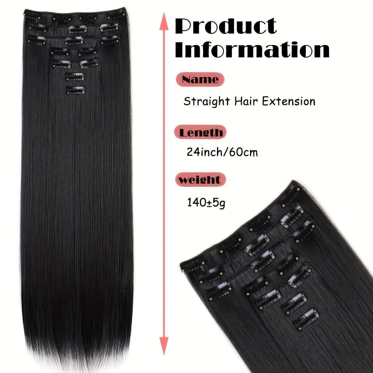 24-Inch 7pcs Set 16 Clip-In Women's Straight Hair Extensions Set Natural Gloss Heat-Resistant Synthetic Fiber Glamorous Style Suitable for All Users Increase Hair Volume Holiday Hot New Style New Color