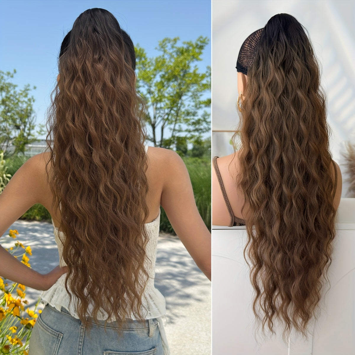 Ombre Colored Claw-Shaped Ponytail Extension Hair Accessory - 26 Inch Water Wave Heat-Resistant Synthetic Ponytail Wig for Women, Dark Brown to Blonde Gradient, Perfect for Daily Use, Ponytail Wigs, Hair Styling, Versatile Hairpiece, Heatresistant Fiber