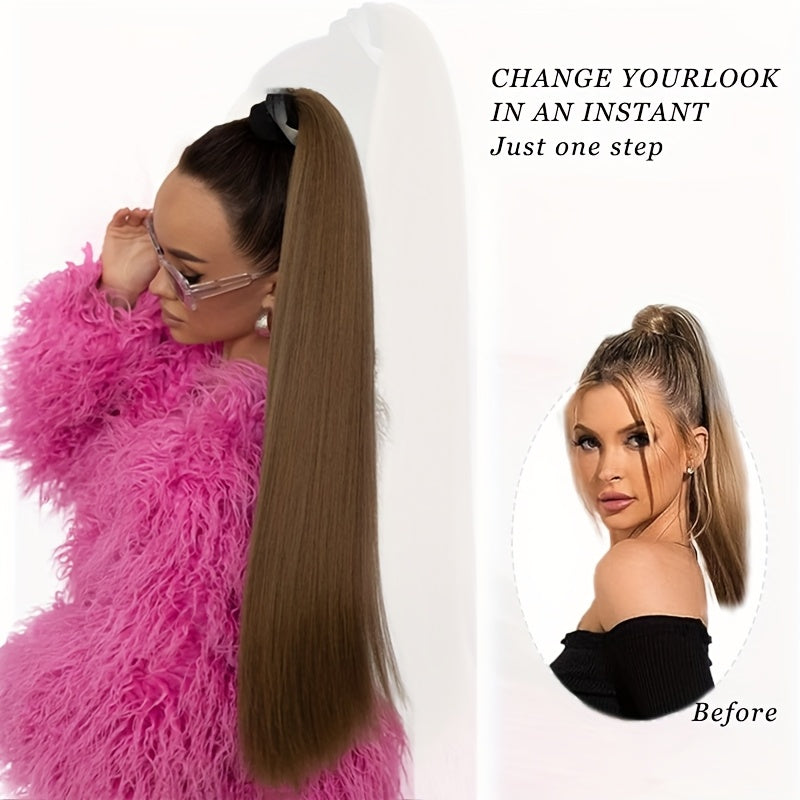 55.88cm Long Straight Synthetic Clip-In Ponytail Extension for Women - Soft Rubber Band, Natural Look, Easy to Style, Perfect for Everyday or Special Occasions, Ponytail Hair Extensions
